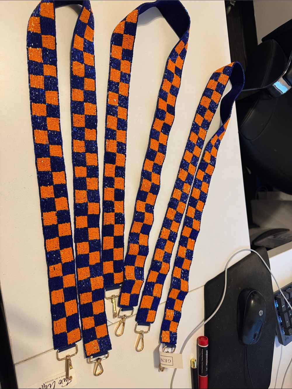 Orange & Blue Checkerboard beaded Purse strap  - Unbranded